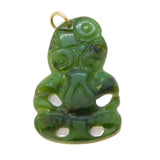 9ct Gold Carved New Zealand Nephrite Jade Tiki Lucky Pendant Antique c1930