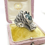 Large Sterling Silver Cabochon Bloodstone Set Fire Dragon Statement Ring Vintage