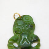 9ct Gold Carved New Zealand Nephrite Jade Tiki Lucky Pendant Antique c1930