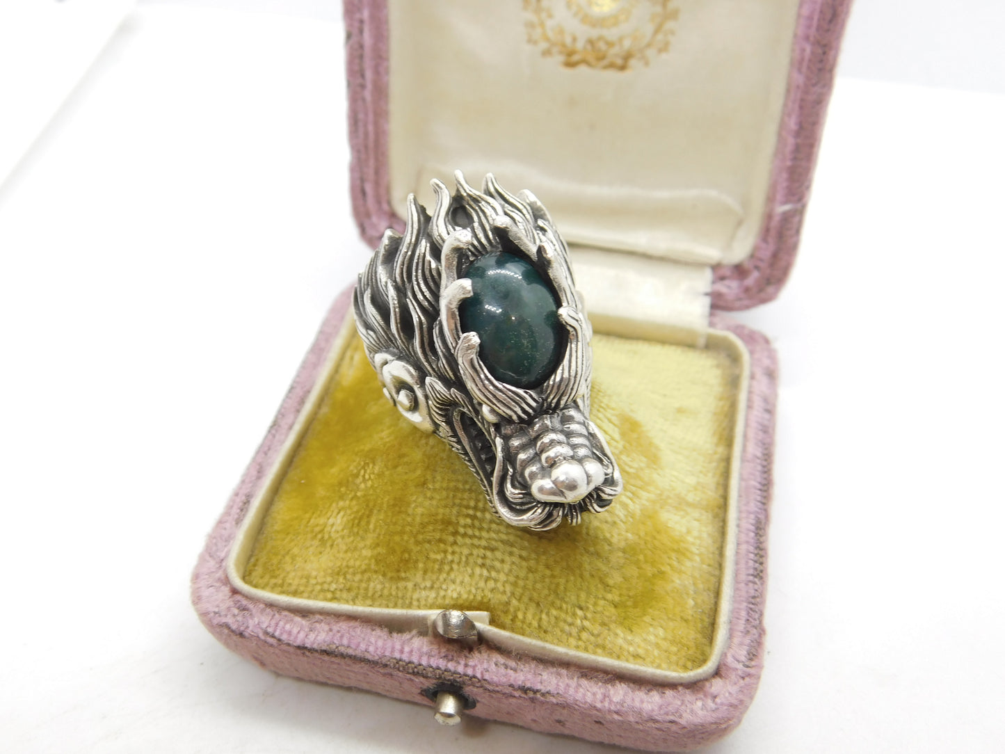 Large Sterling Silver Cabochon Bloodstone Set Fire Dragon Statement Ring Vintage