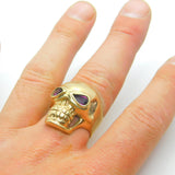 9ct Yellow Gold & Garnet Chunky Gothic Skull Form Bikers Ring Vintage c1970