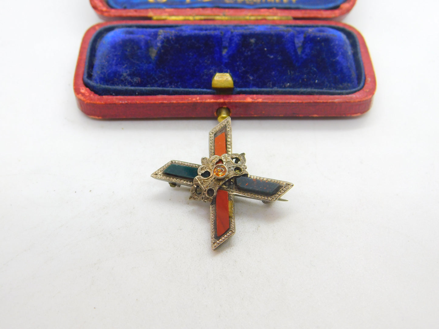 Victorian Scottish Sterling Silver, Agate & Bloodstone Cross Brooch c1860 Antique