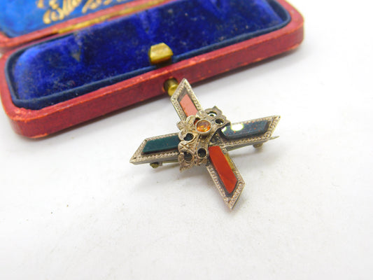 Victorian Scottish Sterling Silver, Agate & Bloodstone Cross Brooch c1860 Antique