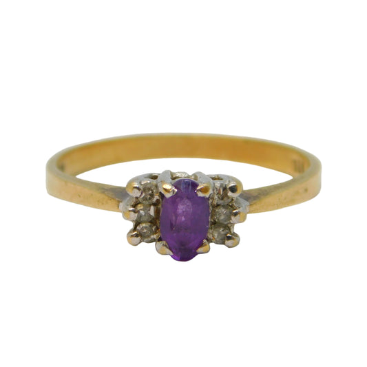 10ct Yellow Gold, Amethyst & Six Diamond Set Dress Ring Vintage c1970