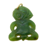 9ct Gold Mounted Carved New Zealand Nephrite Jade Small Tiki Pendant Antique