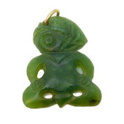 9ct Gold Mounted Carved New Zealand Nephrite Jade Small Tiki Pendant Antique