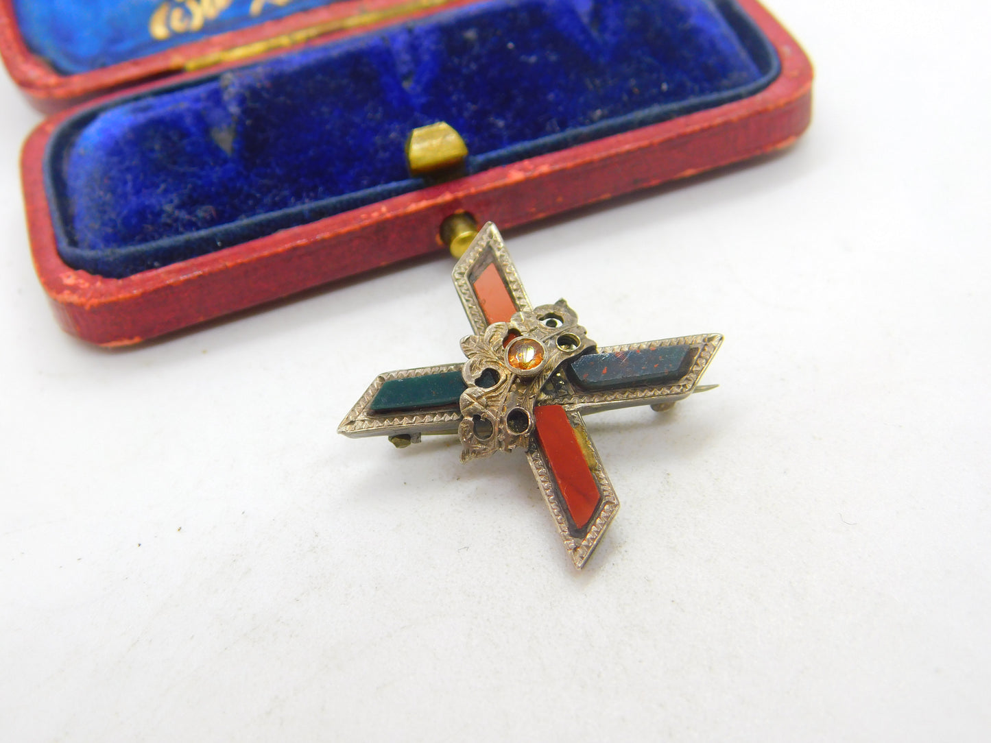 Victorian Scottish Sterling Silver, Agate & Bloodstone Cross Brooch c1860 Antique