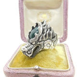 Large Sterling Silver Cabochon Bloodstone Set Fire Dragon Statement Ring Vintage