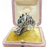 Large Sterling Silver Cabochon Bloodstone Set Fire Dragon Statement Ring Vintage