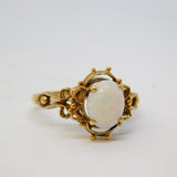 9ct Yellow Gold, Cabochon White Opal Set Floral Dress Ring Antique 1949 Deco