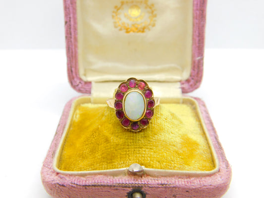 Victorian 14ct Gold, Cabochon Opal & Ruby Floral Ring c1860 Antique