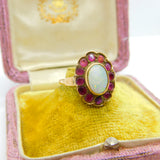 Victorian 14ct Gold, Cabochon Opal & Ruby Floral Ring c1860 Antique