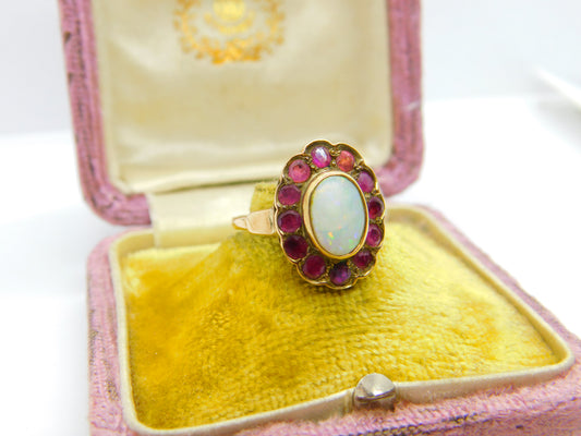 Victorian 14ct Gold, Cabochon Opal & Ruby Floral Ring c1860 Antique