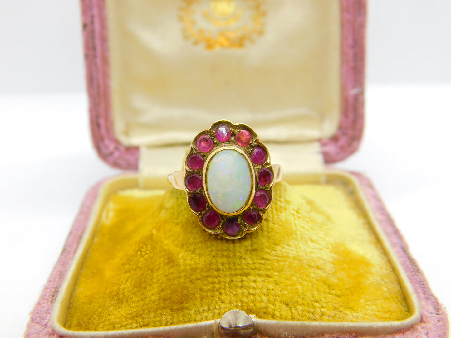 Victorian 14ct Gold, Cabochon Opal & Ruby Floral Ring c1860 Antique