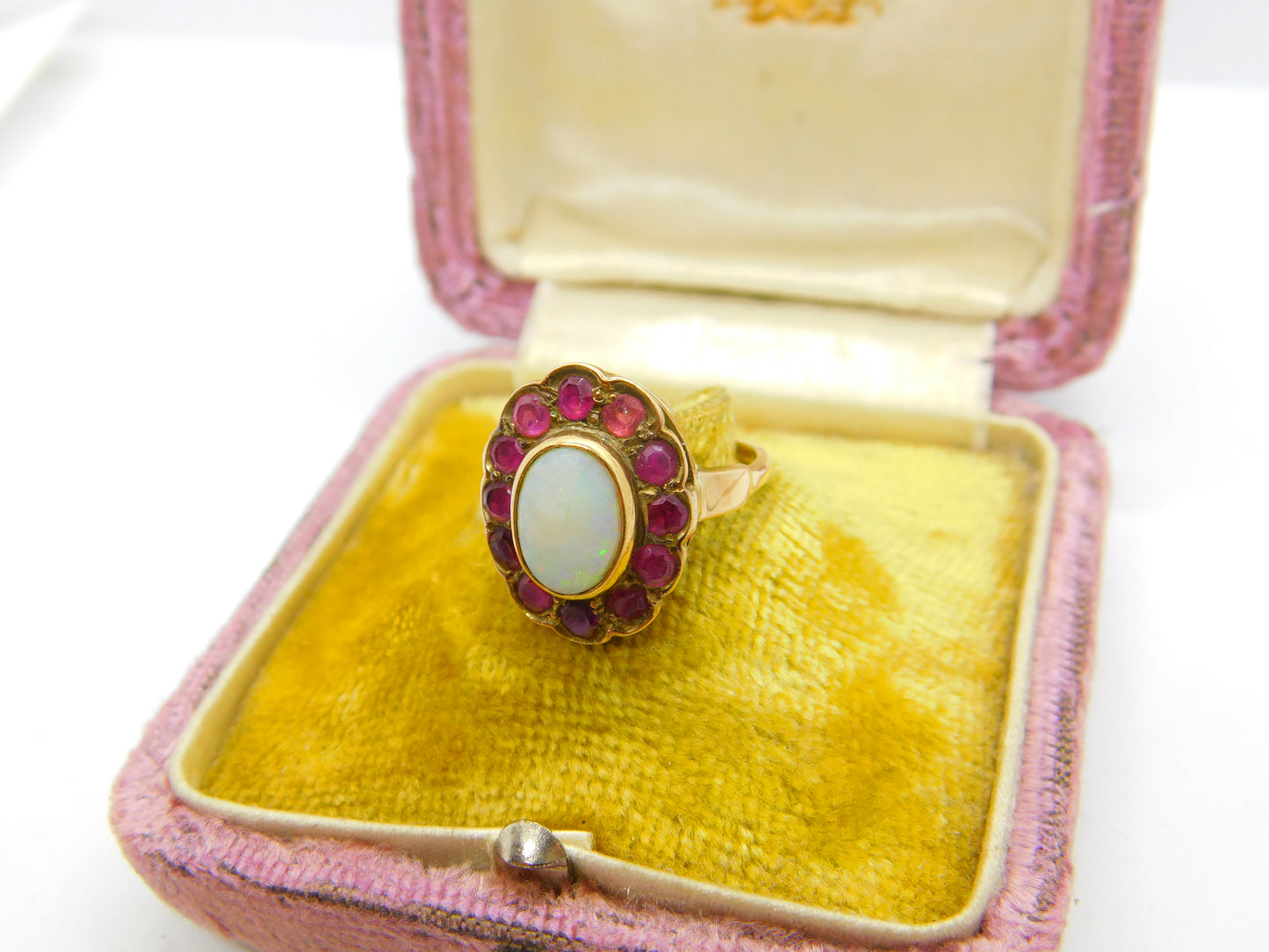 Victorian 14ct Gold, Cabochon Opal & Ruby Floral Ring c1860 Antique