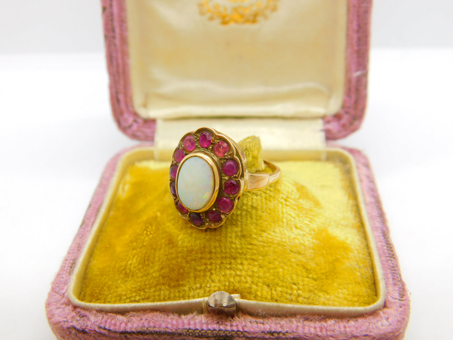 Victorian 14ct Gold, Cabochon Opal & Ruby Floral Ring c1860 Antique