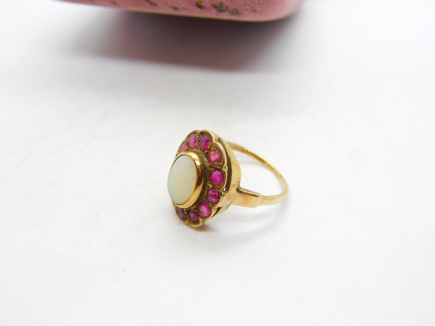 Victorian 14ct Gold, Cabochon Opal & Ruby Floral Ring c1860 Antique