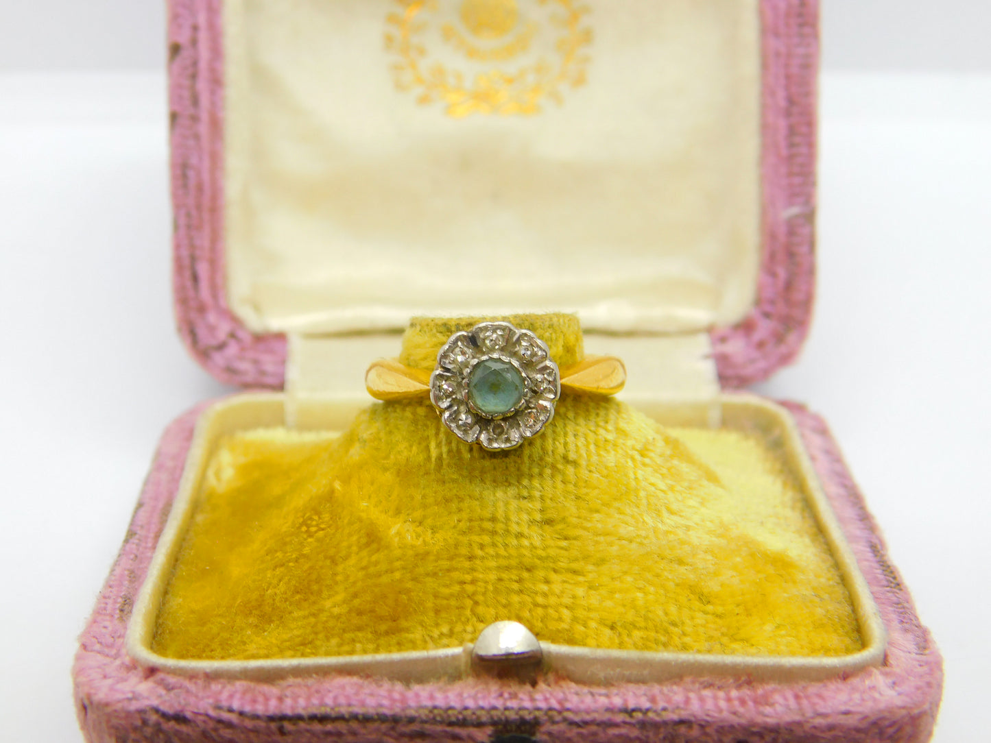 22ct Yellow Gold, Aquamarine & Diamond Floral Band Ring 1933 Birmingham