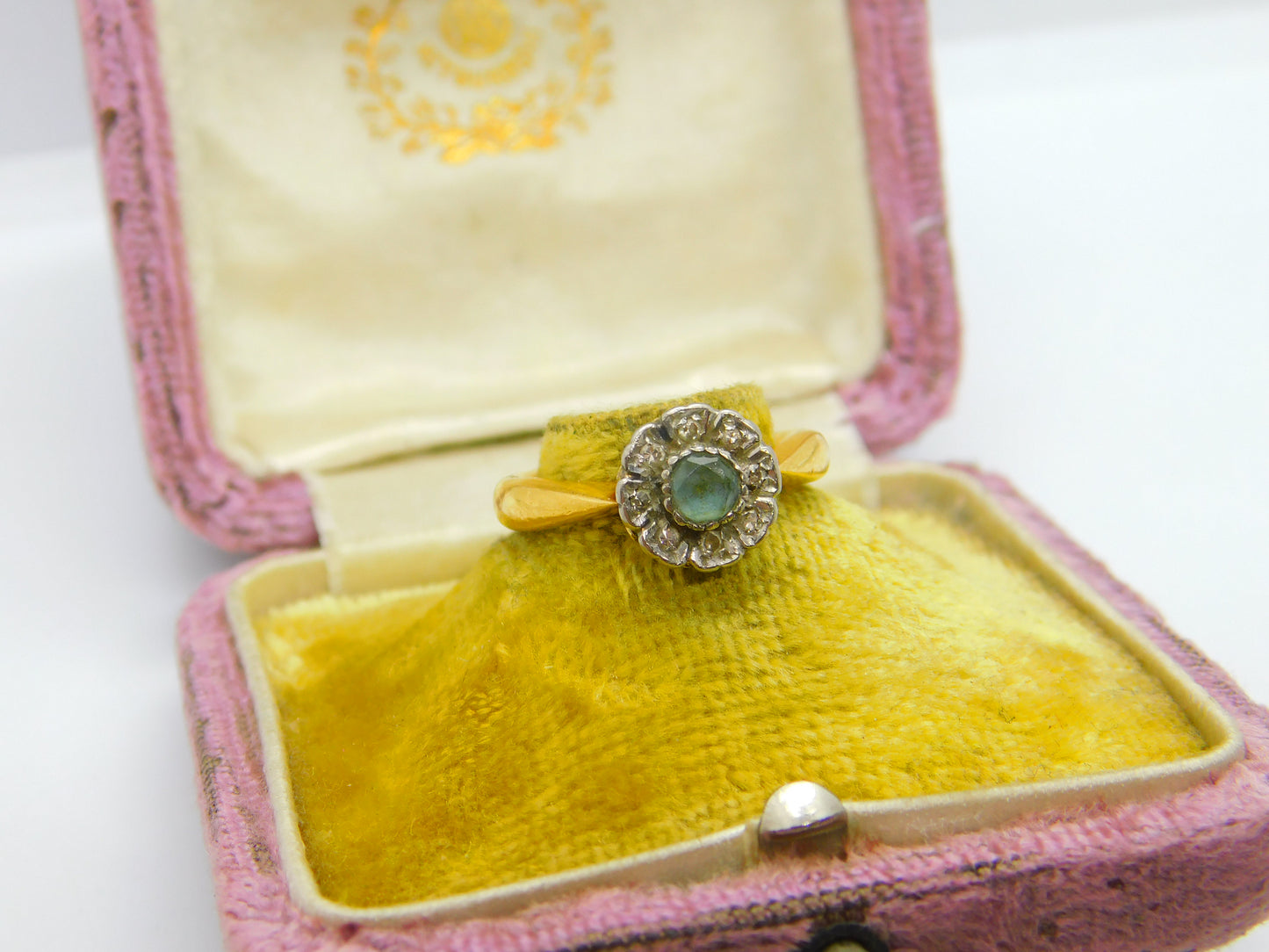 22ct Yellow Gold, Aquamarine & Diamond Floral Band Ring 1933 Birmingham