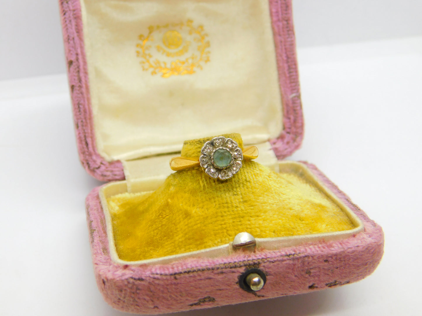 22ct Yellow Gold, Aquamarine & Diamond Floral Band Ring 1933 Birmingham