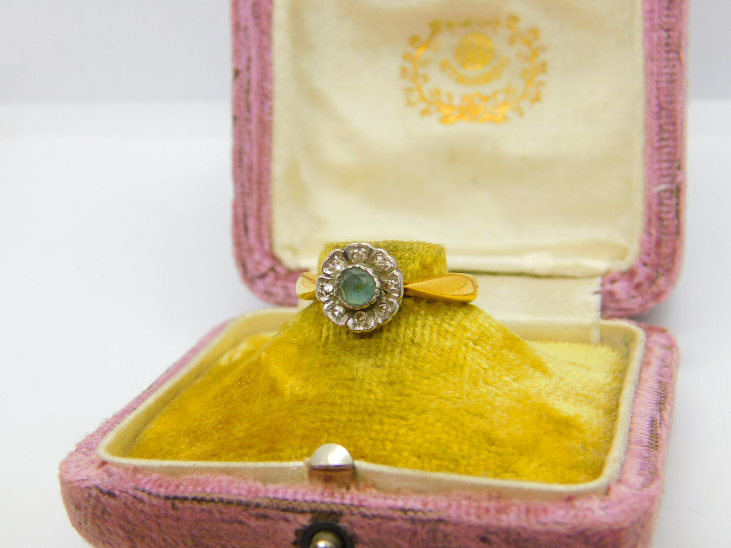 22ct Yellow Gold, Aquamarine & Diamond Floral Band Ring 1933 Birmingham