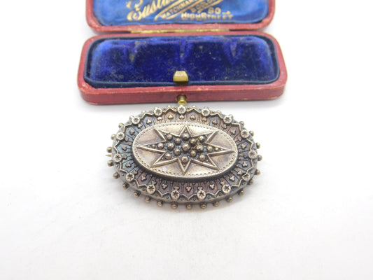 Victorian Sterling Silver Starburst Mourning Brooch Antique c1860