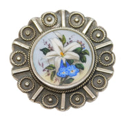 Victorian Sterling Silver Lily Flower Mourning Locket Brooch Antique c1880