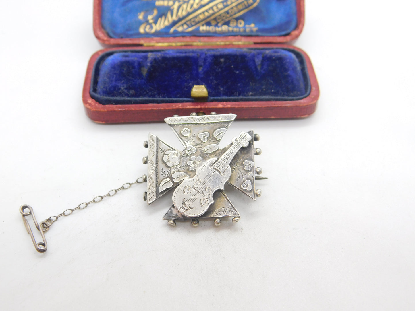 Aesthetic Movement Sterling Silver Guitar Musical Brooch 1889 Birmingham