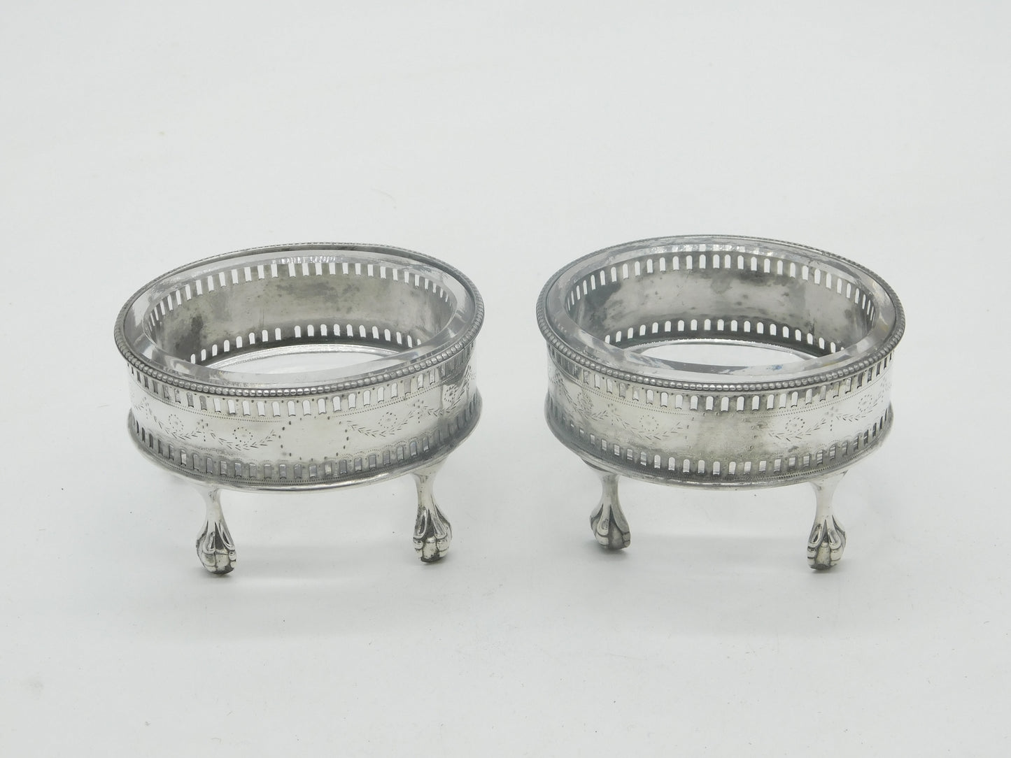 George III Pair Sterling Silver Paw Foot Foral Salt Cellars Antique 1786 London