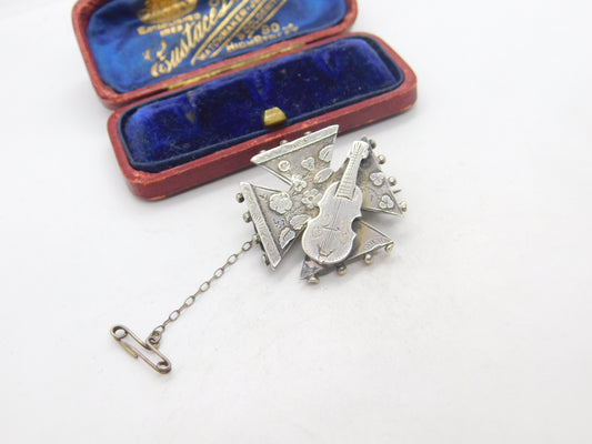 Aesthetic Movement Sterling Silver Guitar Musical Brooch 1889 Birmingham