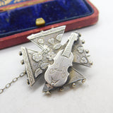 Aesthetic Movement Sterling Silver Guitar Musical Brooch 1889 Birmingham