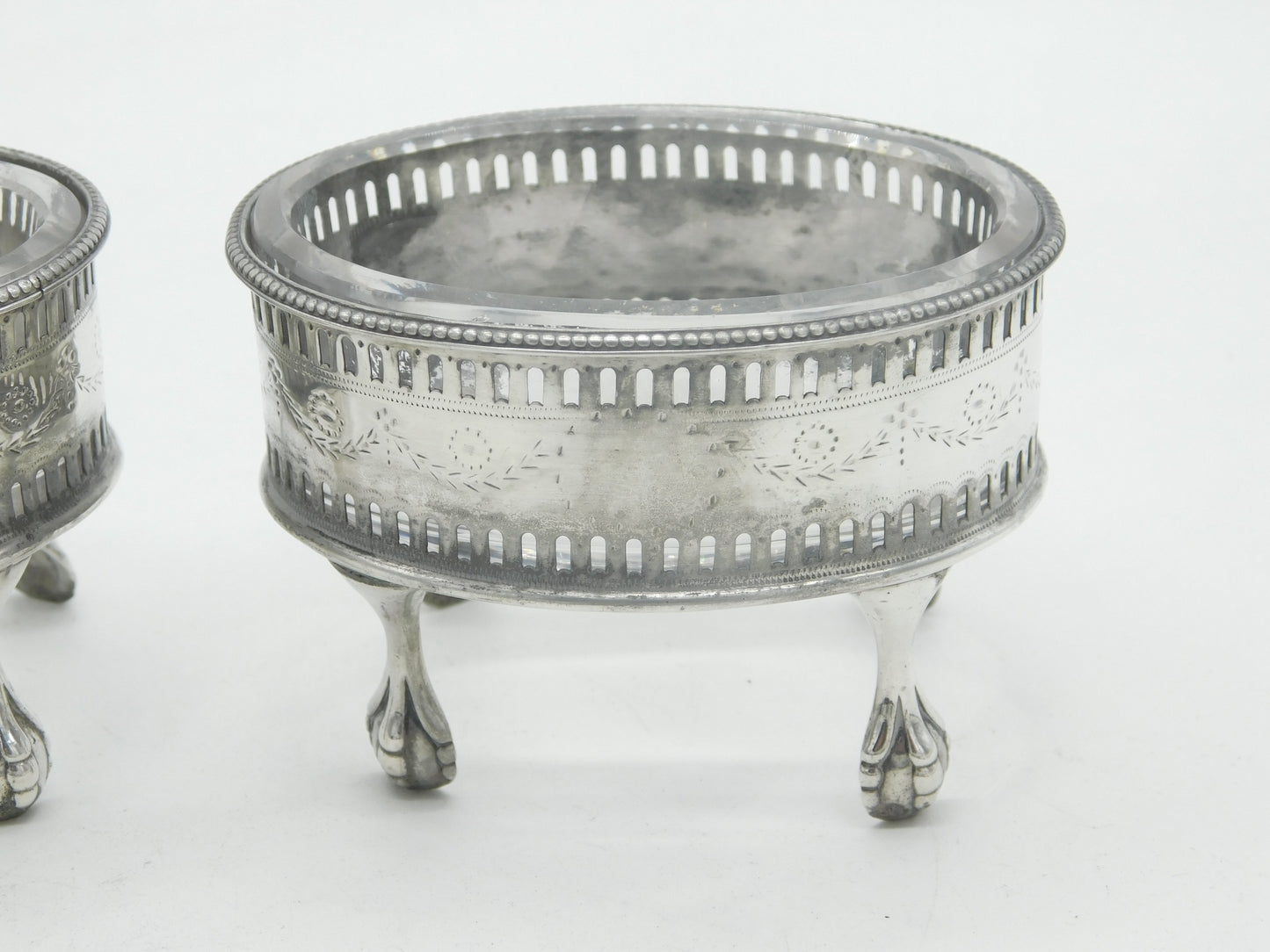 George III Pair Sterling Silver Paw Foot Foral Salt Cellars Antique 1786 London