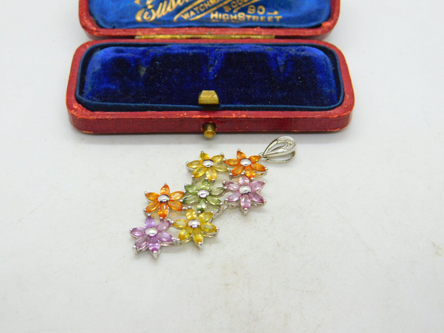 9ct White Gold & Multi-Coloured Sapphire Large Floral Pendant Vintage c1990