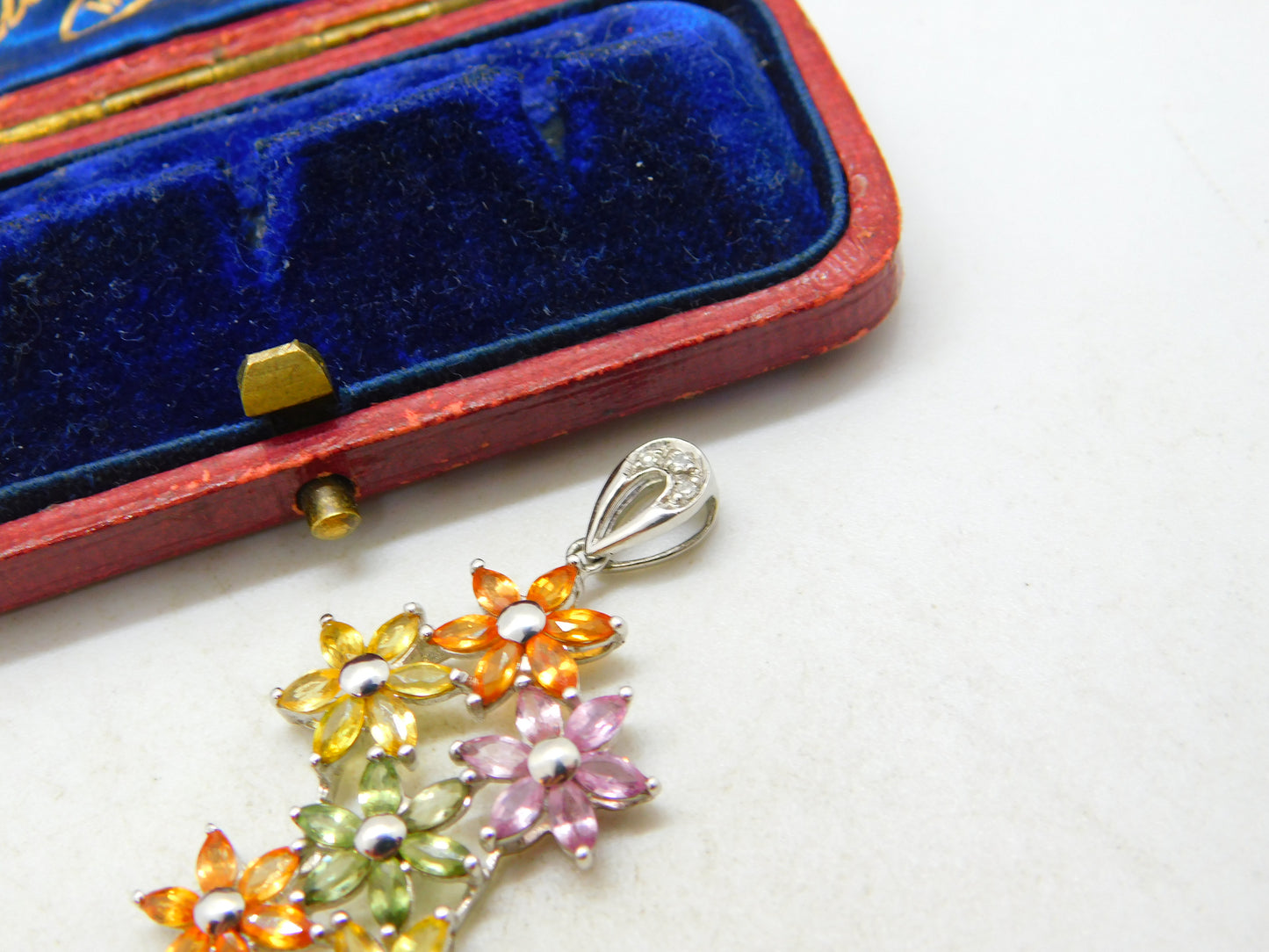 9ct White Gold & Multi-Coloured Sapphire Large Floral Pendant Vintage c1990