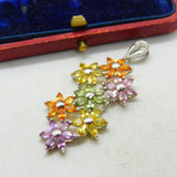9ct White Gold & Multi-Coloured Sapphire Large Floral Pendant Vintage c1990