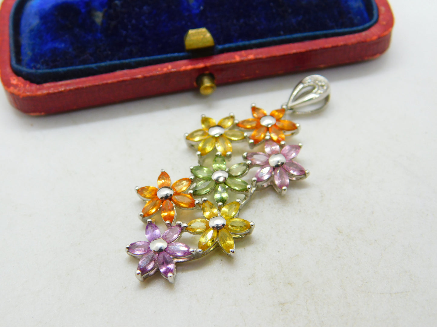 9ct White Gold & Multi-Coloured Sapphire Large Floral Pendant Vintage c1990