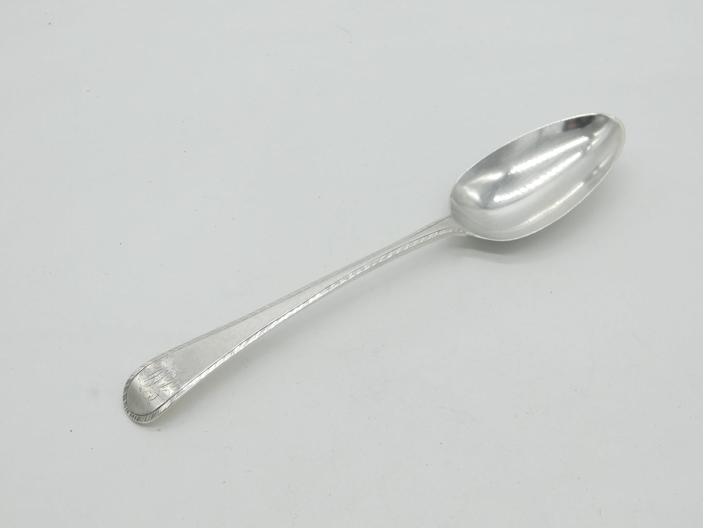 George II Sterling Silver Bright Cut Monogram Serving Spoon Antique 1754 London