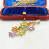 9ct White Gold & Multi-Coloured Sapphire Large Floral Pendant Vintage c1990