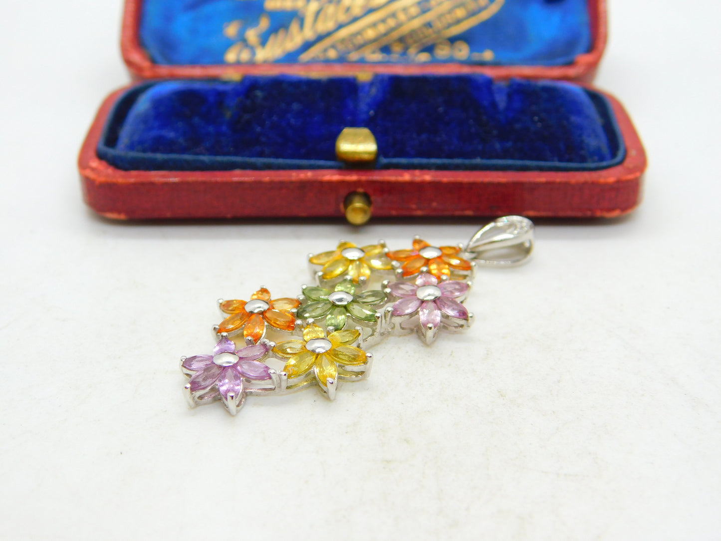 9ct White Gold & Multi-Coloured Sapphire Large Floral Pendant Vintage c1990