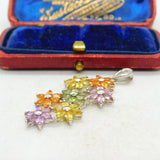 9ct White Gold & Multi-Coloured Sapphire Large Floral Pendant Vintage c1990