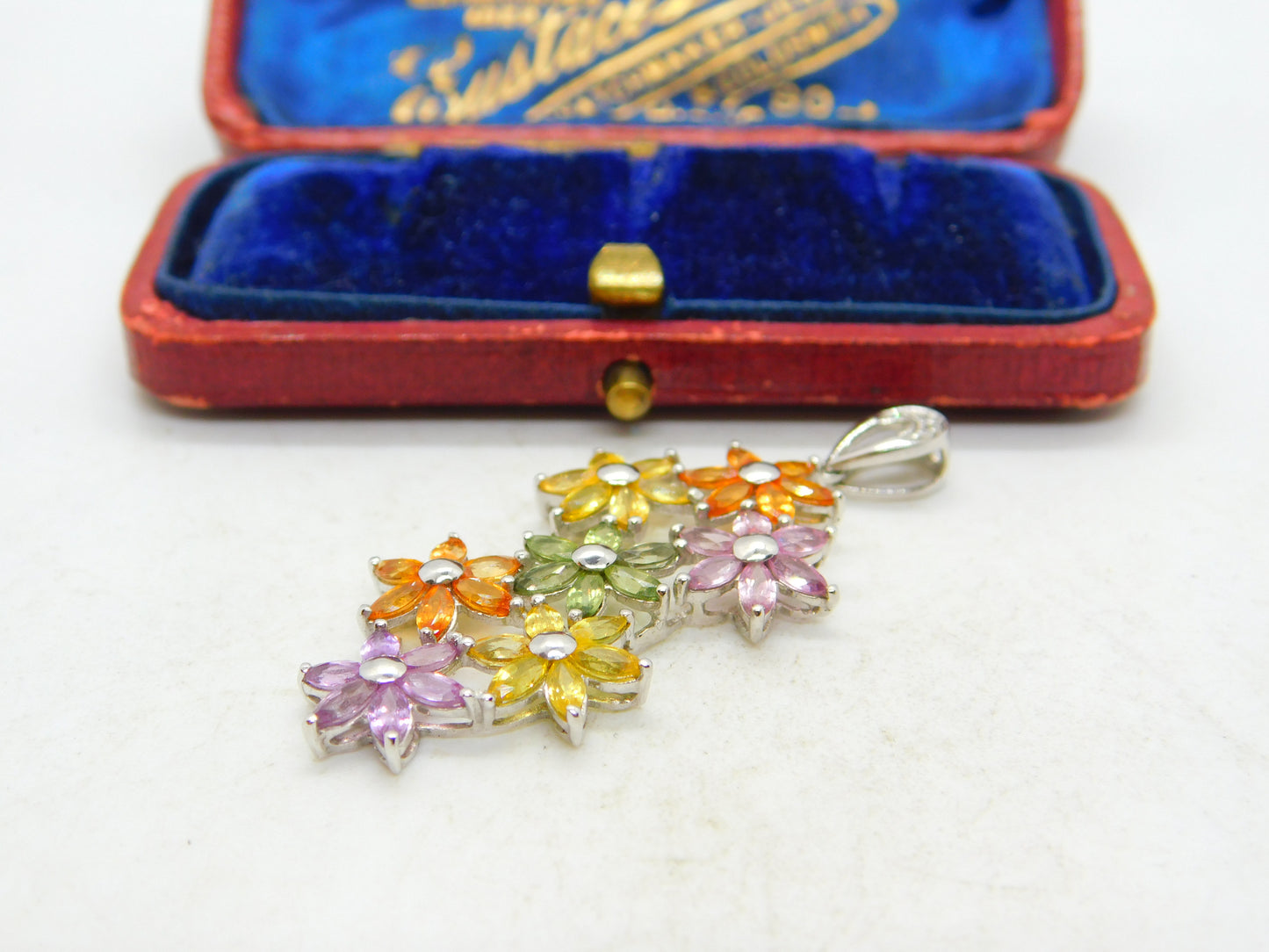 9ct White Gold & Multi-Coloured Sapphire Large Floral Pendant Vintage c1990