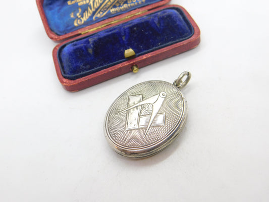 Victorian Sterling Silver Masonic Compass Locket Pendant Antique c1890