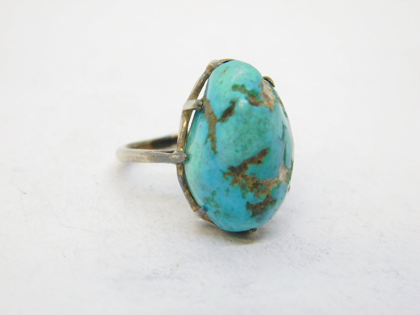 Victorian Sterling Silver Large Natural Turquoise Dress Ring Antique c1900
