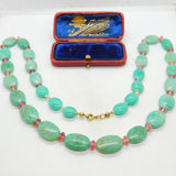 14ct Gold Green Chrysoprase and Rose Quartz Bead Necklace Antique Art Deco c1920