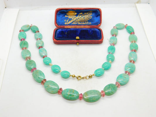 14ct Gold Green Chrysoprase and Rose Quartz Bead Necklace Antique Art Deco c1920