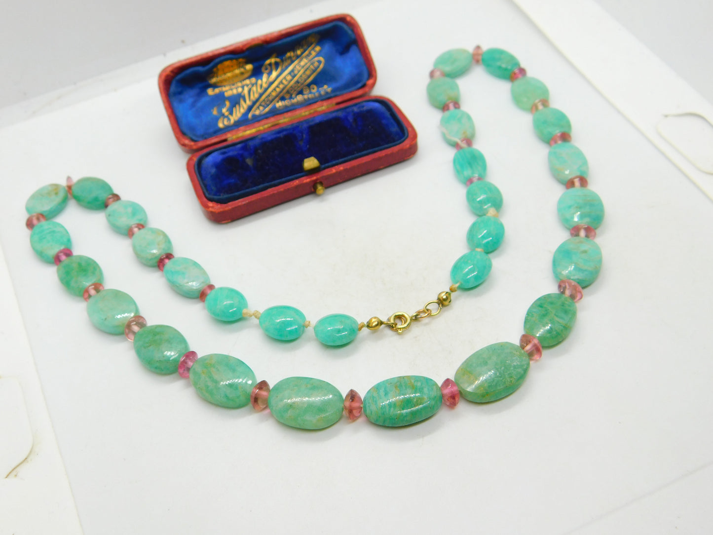 14ct Gold Green Chrysoprase and Rose Quartz Bead Necklace Antique Art Deco c1920