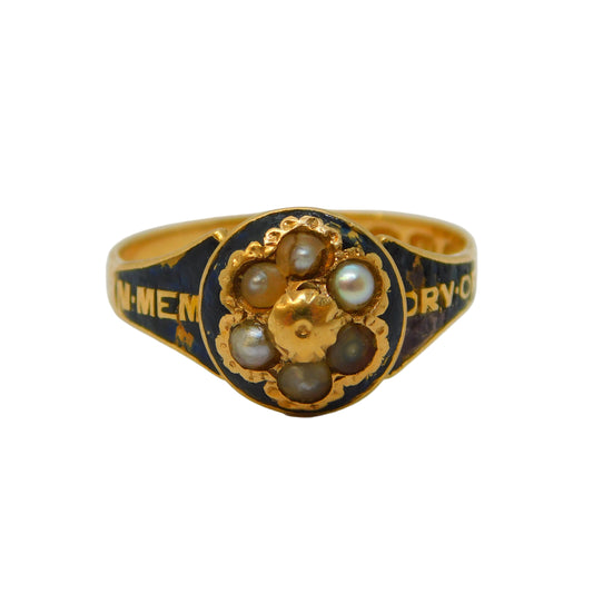 Victorian 18ct Gold Black Enamel 'In Memory Of' Mourning Ring Antique 1870 Birmingham