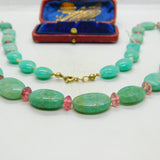 14ct Gold Green Chrysoprase and Rose Quartz Bead Necklace Antique Art Deco c1920