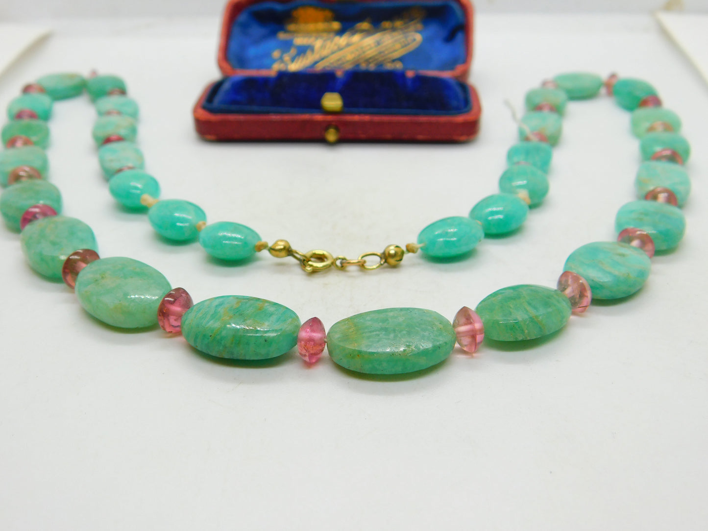 14ct Gold Green Chrysoprase and Rose Quartz Bead Necklace Antique Art Deco c1920