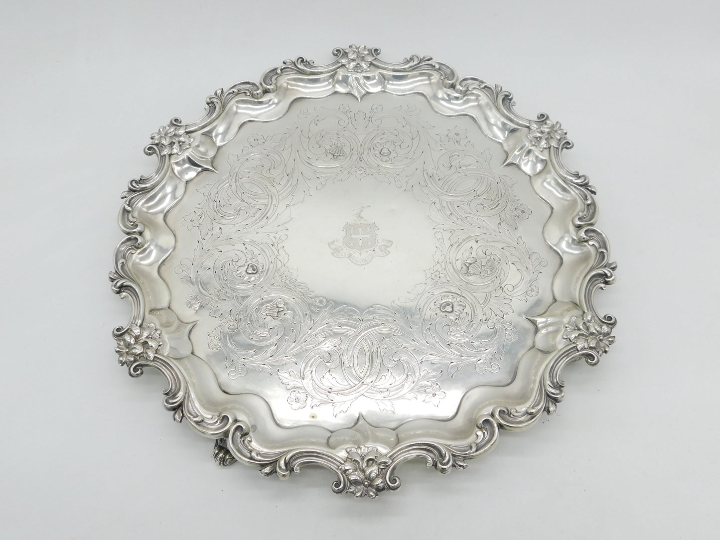 Large William IV Sterling Silver Floral Crested Salver Dish 1837 London Antique